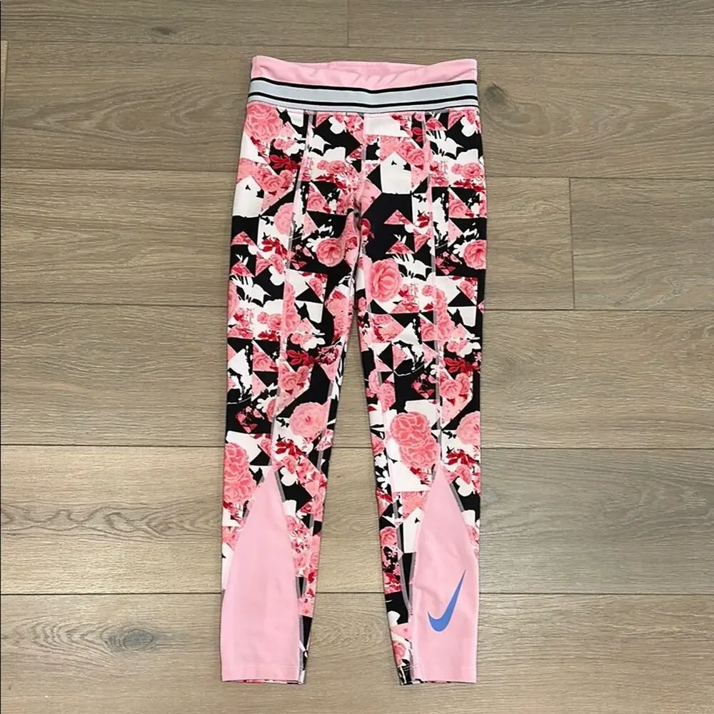 NIKE Girls‎ Pink Black Dri-Fit Floral Abstract Printed Tight Fit Leggings Size L